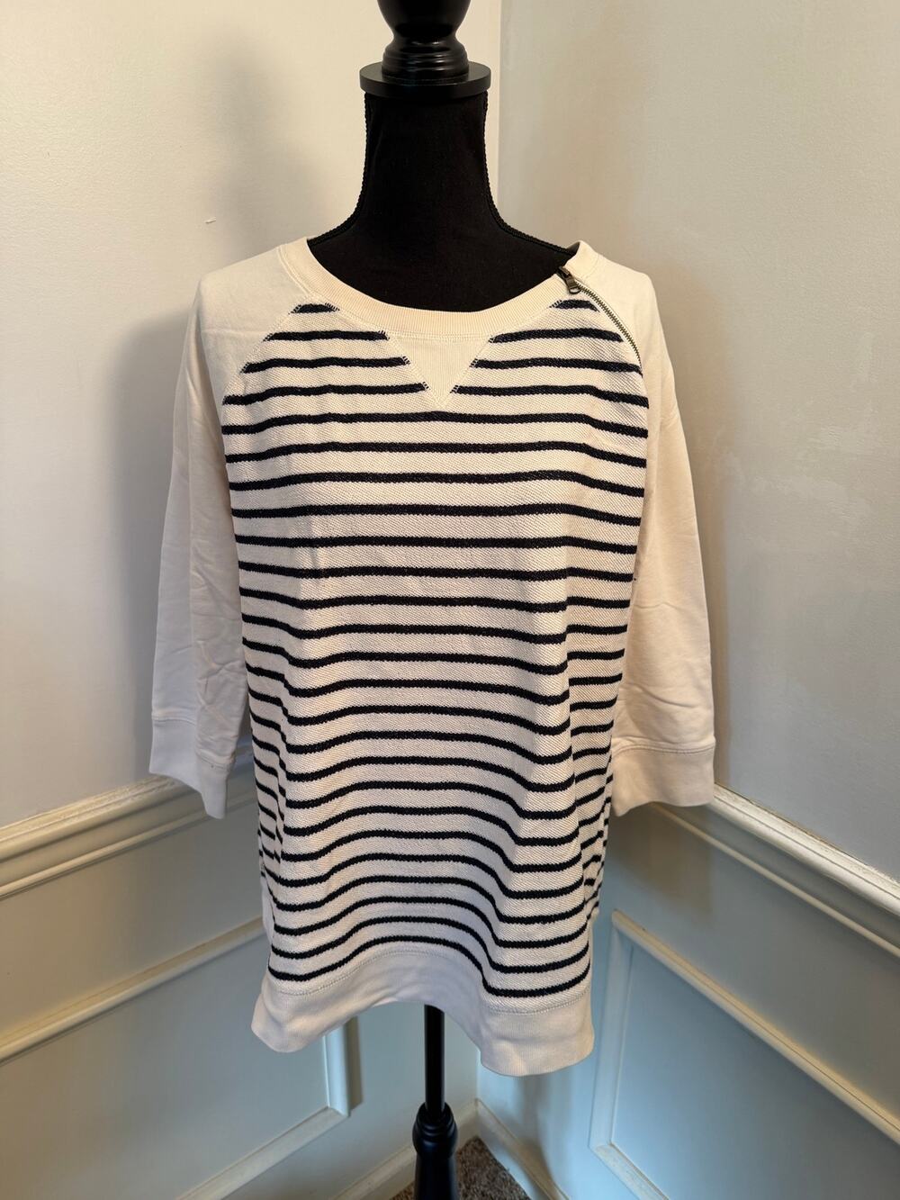 Lauren Ralph Lauren 100% Cotton Striped Boatneck Top Zipper Collar Nautical